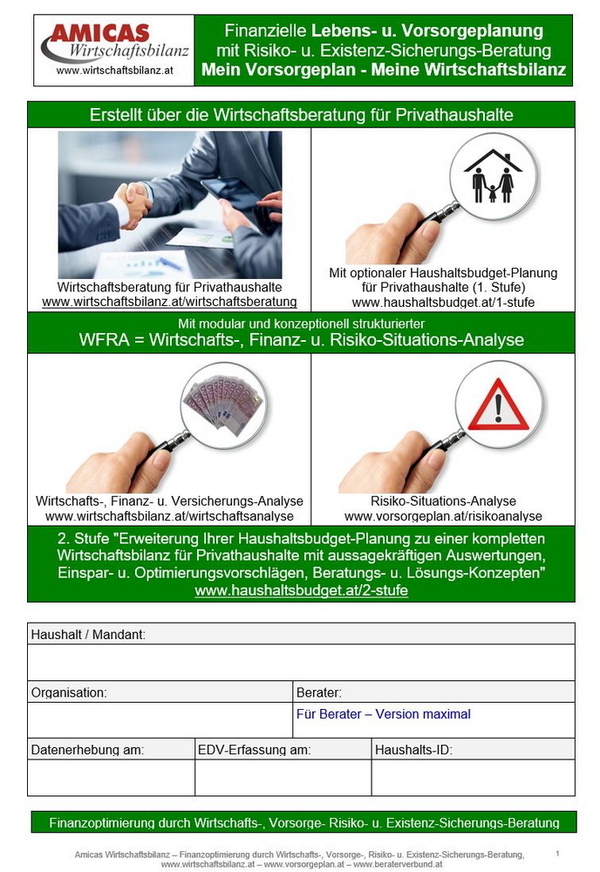 Die WFRA – Wirtschafts-, Finanz- u. Risiko-Situations-Analyse in Papier-Version (Format Word / PDF) Die WFRA – Wirtschafts-, Finanz- u. Risiko-Situations-Analyse in Papier-Version (Format Word / PDF)